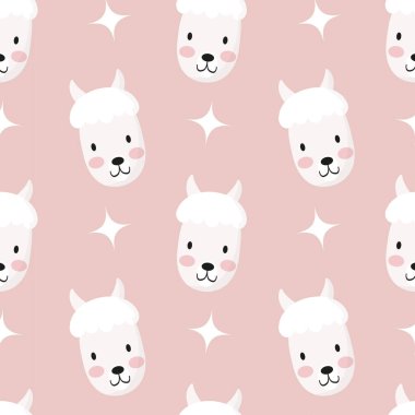 Şirin ama pürüzsüz desen, hayvan ağzı, alpaka kafa. Çizgi film vektör çizimi. Çocuk dokusu, arka plan, duvar kağıtları, süs. Ambalaj kağıdının çocuksu tasarımı, kumaş, tekstil, grafik, baskı