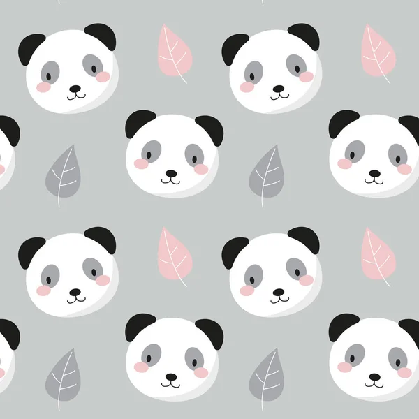 Cute Panda Seamless Pattern Bear Muzzle Leaves Cartoon Doodle Vector — Archivo Imágenes Vectoriales