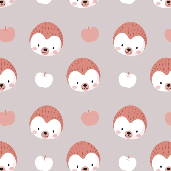 Cute Hedgehog Seamless Pattern Animal Muzzle Apples Cartoon Doodle Vector — Archivo Imágenes Vectoriales