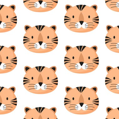Cute tiger seamless pattern, feline muzzle, head. Cartoon vector illustration. Kid texture, repeat background, wallpapers, ornament. Childish design of wrapping paper, fabric, textile, graphic, print