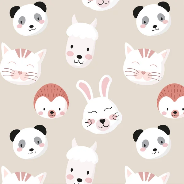 Cute Animals Seamless Pattern Kitten Muzzle Lama Hedgehog Panda Bear — Wektor stockowy