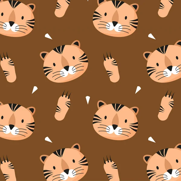 Cute Tiger Seamless Pattern Feline Muzzle Head Cartoon Vector Illustration — Vettoriale Stock