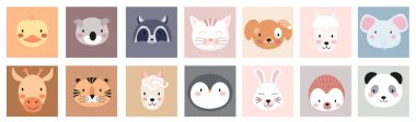 Cute animal face set vector illustration. Nursery character card collection for graphic, print: penguin, hare, hedgehog, panda, giraffe, tiger, lama, sheep, cat, dog, elephant, chick, koala, raccoon