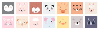 Cute animal face set vector illustration. Abstract scandinavian nursery character collection: penguin, hare, hedgehog, panda, giraffe, tiger, lama, sheep, cat, dog, elephant, chick, koala, raccoon