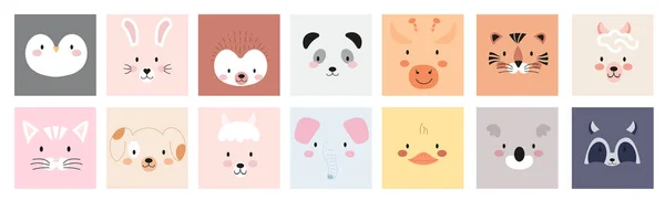 Cute Animal Face Set Vector Illustration Abstract Scandinavian Nursery Character — Stock Vector