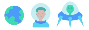 Collection of cosmic icons: alien in a spaceship or spacecraft or flying saucer, unidentified flying object or ufo, astronaut or cosmonaut in a spacesuit, planet Earth, Sphere, global isolated