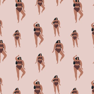 Abstract minimalist Seamless pattern, texture, background, wallpapers, endless ornament, repeating print of a dark-skinned girl in lingerie. Imperfect figure, Body positive, obesity, overweight