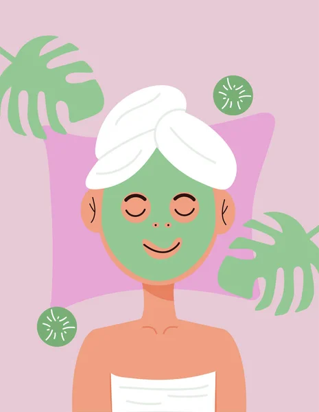 Woman Face Mask Cucumbers Towel Her Head Body Spa Lying — 스톡 벡터