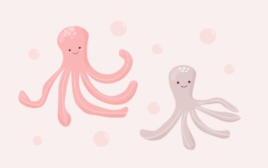 Cute funny octopus set isolated in pink and gray colors. Children clothing design with a marine animal underwater with bubbles. Cartoon flat vector illustration