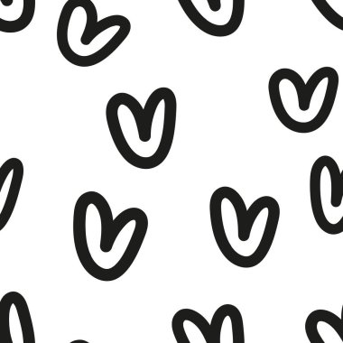 Abstract outline heart seamless pattern, black and white texture, hand-drawn background, wallpapers, endless ornament, repeating print. Doodle vector illustration for textiles, wrapping paper, fabric