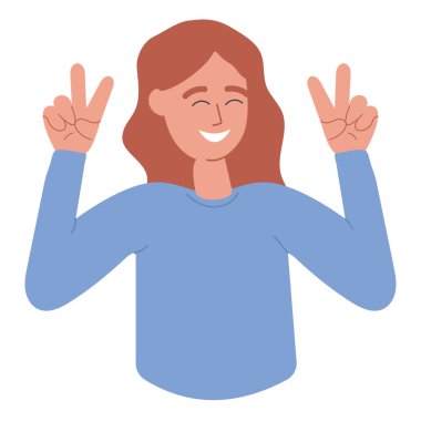 Mutlu bir insan, barış işareti yapıyor ve samimi bir şekilde gülümsüyor. Vücut dili, sözsüz iletişim, olumlu duygu. Vektör çizimi izole edildi