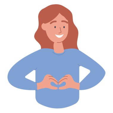 Gülümseyen mutlu bir insan elleriyle kalp işareti yapar. Onay, aşk konsepti gibi. Vücut dili, sözsüz iletişim, olumlu duygu ve yüz ifadesi. Vektör çizimi izole edildi