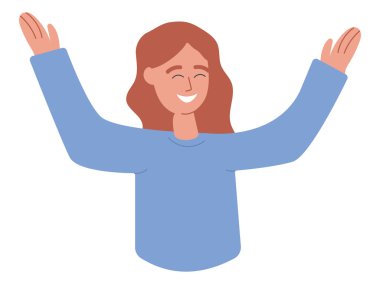Gülümseyen ve gülen mutlu insan. Heyecanlı neşeli insan ellerini kaldırıp selamlıyor, seviniyor, seviniyor, kutluyor. Olumlu neşeli duygular. Düz vektör çizimi izole edildi