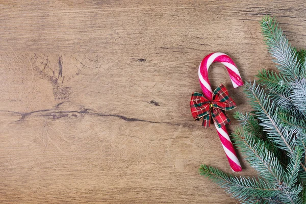 Vánoční Pozadí Cukrovinkami Vánoční Stromeček Dřevěné Desce Vánoční Přání — Stock fotografie