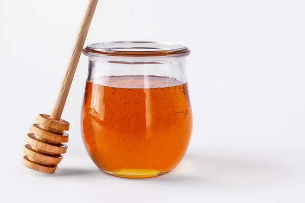 Honey Glass Jar Wooden Honey Dipper White Background Honey Healthy — Stock Photo, Image
