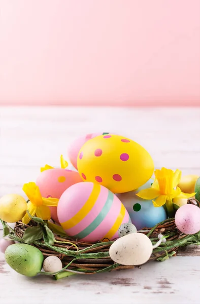 Multi Coloured Easter Eggs Nest Wooden Background Happy Easter Greeting — Stock Photo, Image