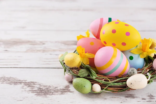 Multi Coloured Easter Eggs Nest Wooden Background Happy Easter Greeting — Stock Photo, Image