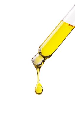 Dropper with cosmetic oil drop isolated on white background. Abstract drop of skin care oil.