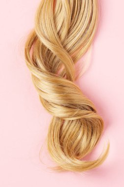 Long golden blond curly hair. A part of blond hair top view on pink background.