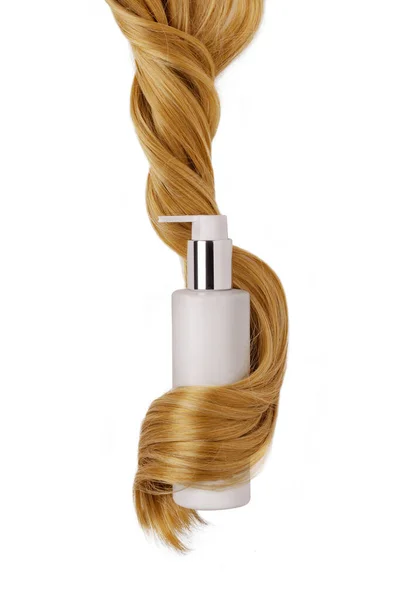 Shampoo Bottle Hair Lock Isolated White Background Natural Cosmetic Products — 스톡 사진