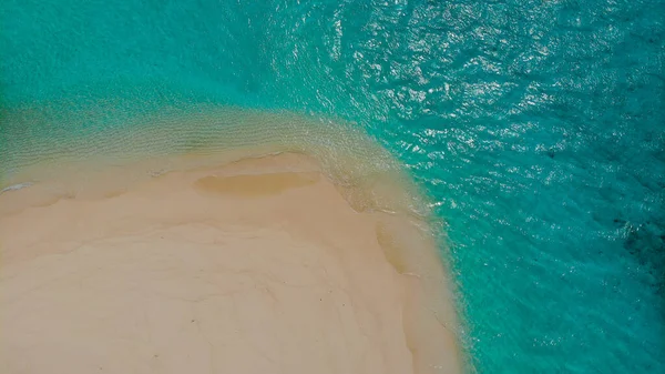Mavi okyanusun ortasındaki kumlu kumsal, yukarıdan görünüyor.