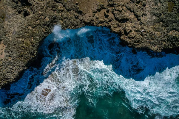 Waves Break Volcanic Coast Island Top View Stock Photo
