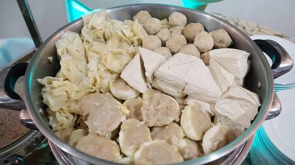 Chiudi Siomay Polpette Tofu Bianco Dim Sum Caldo Una Padella — Foto Stock