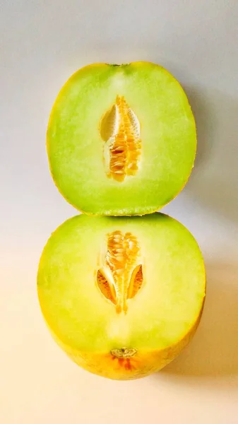 Close Fresh Melon Fruit Com Sabor Doce Pela Metade Com — Fotografia de Stock
