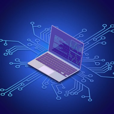 Yazılım, web geliştirme, programlama konsepti. Bilgisayar ekranında soyut programlama dili ve programlama kodu. Laptop ve şirket ağ simgeleri. Yazılım geliştirmenin teknolojik süreci