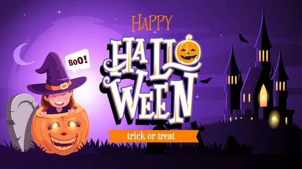 Boldog Halloween Banner Vagy Party Meghívó Háttér Illusztráció Egy Aranyos — Stock Vector