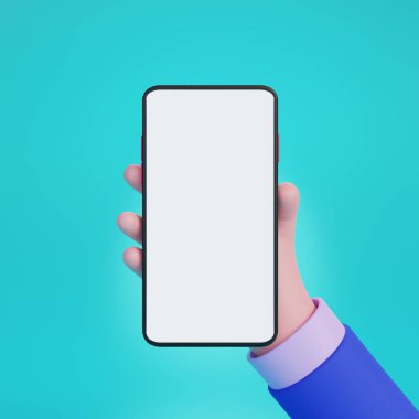 El ele tutuşan akıllı telefon mavi arka planda izole edilmiş, el yapımı cep telefonu modeli, e-ticaret konsepti. 3d oluşturma