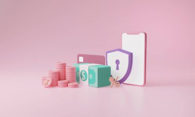 Üç boyutlu yorumlama yatırım konsepti. Ticari tasarım için arkaplanda bozuk para, kredi kartı ve para olan güvenlik cep telefonu. kırpma yolu ile.