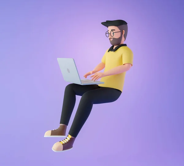 Cartoon Character Men Floating Using Computer Laptop Working Home Online — Zdjęcie stockowe