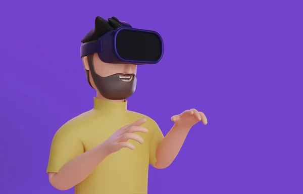 Close-up of a 3D cartoon character man with VR glasses concept of technology and gaming with clipping path. 3d render illustration.