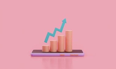 Coins laid out as a graph on mobile phone screen. Cryptocurrency, bitcoin, Online trading, Growing financial index. 3d render illustration