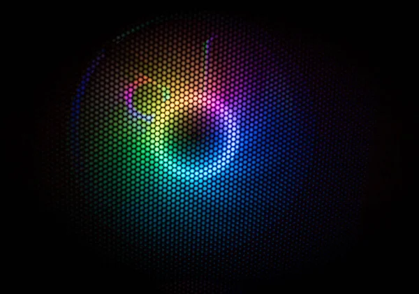 rainbow circle of light through a grid on a black background