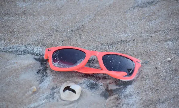 Solglasögon Och Skal Stranden — Stockfoto
