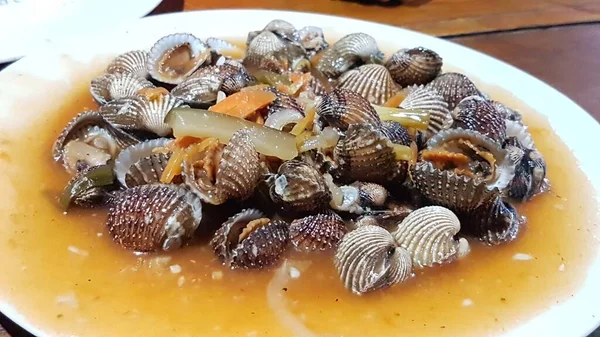 Sweet Sour Scallops Dish Processed Fresh Shellfish Cooked Chili Sauce — Stok Foto
