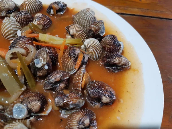 Sweet Sour Scallops Dish Processed Fresh Shellfish Cooked Chili Sauce — Fotografia de Stock