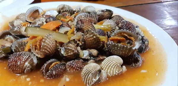 Sweet Sour Scallops Dish Processed Fresh Shellfish Cooked Chili Sauce — Stockfoto