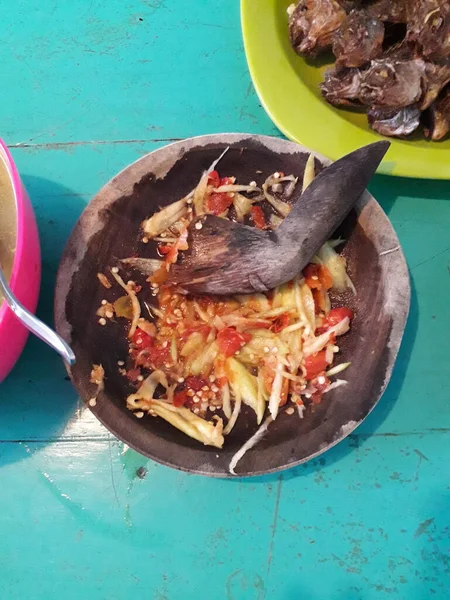 Bumbu Khusus Indonesia Cabai Dan Bahan Tomat Yang Disebut Sambal — Stok Foto