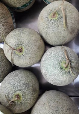 Yakın çekim birçok kavun. Yaz tepsi Pazar Tarım Çiftlik organik meyve dolu. Sağlıklı beslenme. (seçici odak)