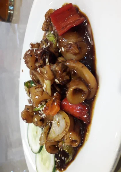 Squid Chinese Stir Fried Squid Black Pepper Garlic Soy Sauce — Stok fotoğraf