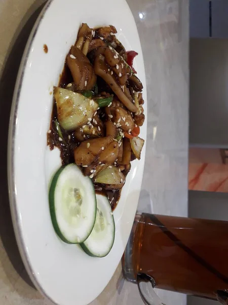 Squid Chinese Stir Fried Squid Black Pepper Garlic Soy Sauce — Stok fotoğraf