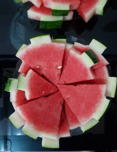 Ripe Cut Slices Watermelon Plate Sliced Watermelons — Stock Photo, Image