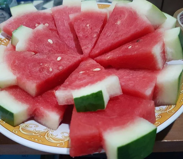 Ripe Cut Slices Watermelon Plate Sliced Watermelons — Zdjęcie stockowe