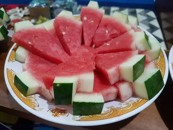 Ripe Cut Slices Watermelon Plate Sliced Watermelons — Zdjęcie stockowe