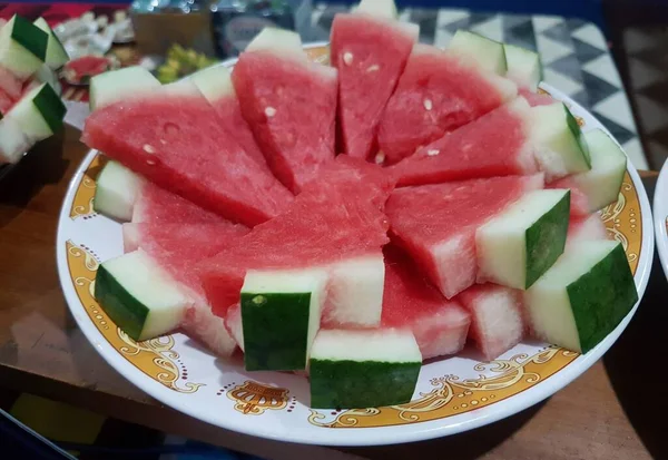 Ripe Cut Slices Watermelon Plate Sliced Watermelons — Zdjęcie stockowe