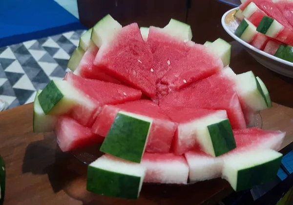 Ripe Cut Slices Watermelon Plate Sliced Watermelons - Stock-foto