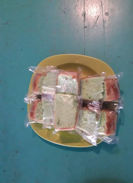 Spons Cake Met Matcha Honing Een Bord Matcha Castella Cake — Stockfoto